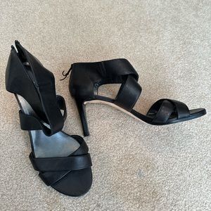 Stuart Weitzman Leather Zip-Up Open-Toe Heels